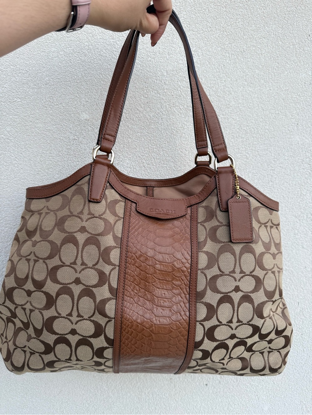 Coach Brown Signature Canvas Shoulder Bag with Leather Trim